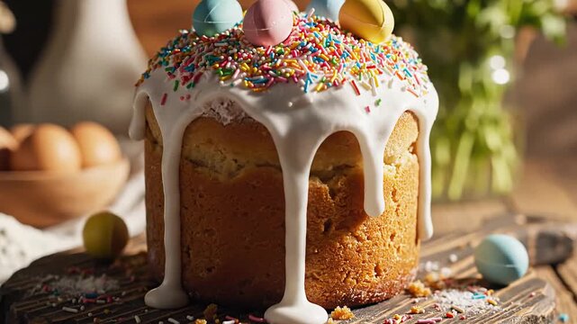 Traditional Easter cake decorated with icing and colorful eggs  