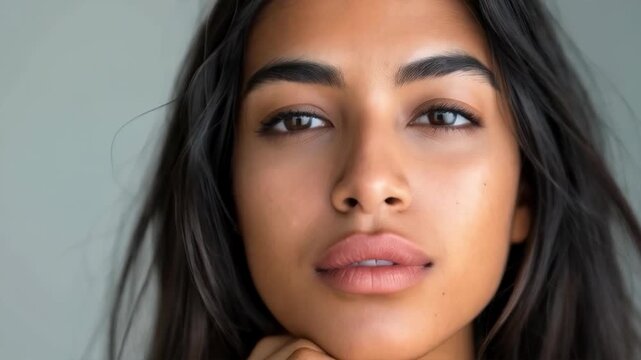 A girl with a serious expression and her hand under her chin conveys thoughtfulness and concentration, perfectly complementing the background of motivational posts or psychological publications.
