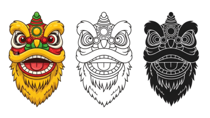 Closeup of lion dance head with yellow and red details on transparent background for chinese culture symbol