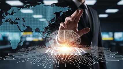 Businessman’s hand hovers over a glowing circuit board with a digital brain, overlaid on a world map.