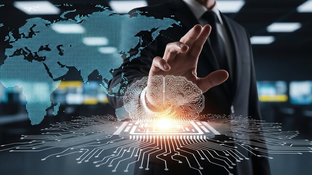 Businessman’s hand hovers over a glowing circuit board with a digital brain, overlaid on a world map. - Powered by Adobe