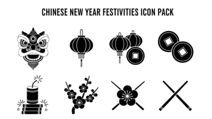 A set of black and white chinese new year icons on transparent background