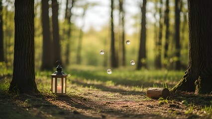 A serene forest path with a lantern surrounded by trees and floating bubbles in a peaceful natural setting viewed from a gentle distance