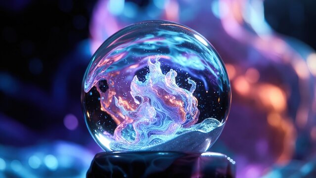 Enchanting swirling liquid art trapped inside a clear glass sphere with glowing
