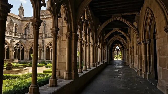 Medieval cloister walkthrough exploring historical archways and serene courtyard gardens