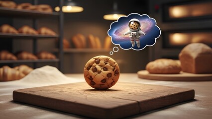 A chocolate chip cookie on a wooden board with an astronaut in a thought bubble, surrounded by baked goods in a bakery setting