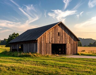 Obraz premium Vintage Wooden Barn Against a Serene Sunset Sky Over Green Fields