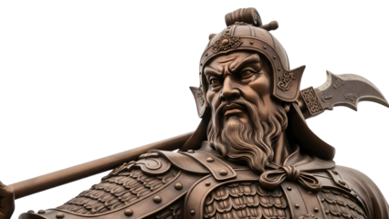 Bronze sculpture of a medieval warrior with axe isolated on transparent background