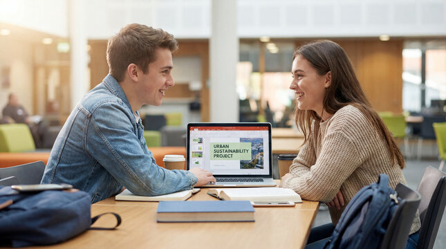 Happy university students studying with laptop in library, young couple collaborating on urban sustainability project, education teamwork concept, college lifestyle background, for web, school. - Powered by Adobe
