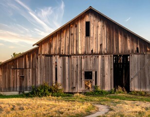 Rustic Wooden Barn Under Clear Sky with Gentle Grass Surroundings