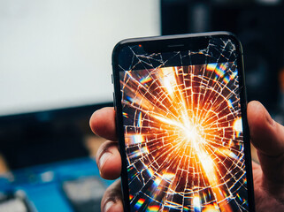 Smartphone with broken screen exploding in hand with fire sparks demonstrating battery failure and dangerous electronic malfunction