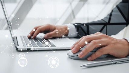 Close-up of professional hands typing on a laptop keyboard and using a wireless mouse with digital connections.