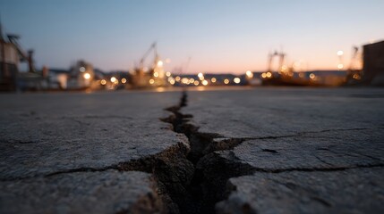 Obraz premium Deep crack in concrete surface at twilight harbor with blurred industrial lights