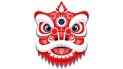 A vibrant red and white lion dance head on isolated transparent background with intricate designs and patterns
