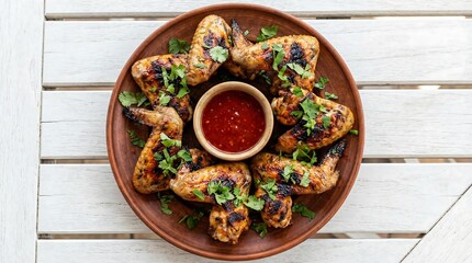 Grilled Chicken Wings with Sauce on Wooden Table
