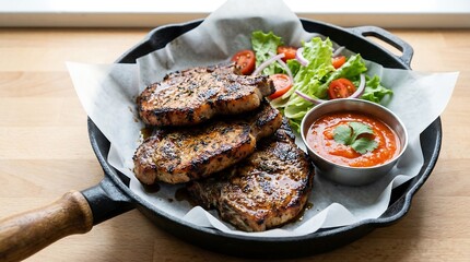 Grilled Meat with Salad and Sauce in Cast Iron Skillet
