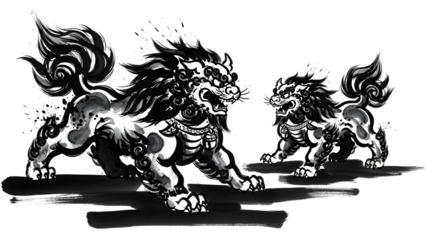 An illustration of two lion dance creatures on a transparent background with shadows