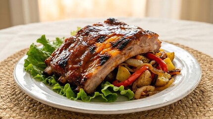 Grilled Ribs with Vegetables on White Plate