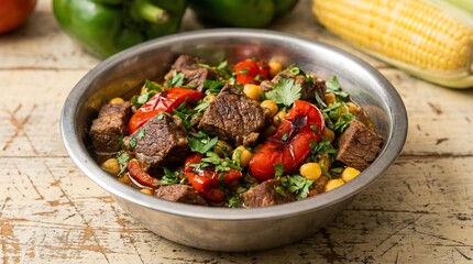 Stew with Beef and Vegetables in Metal Bowl