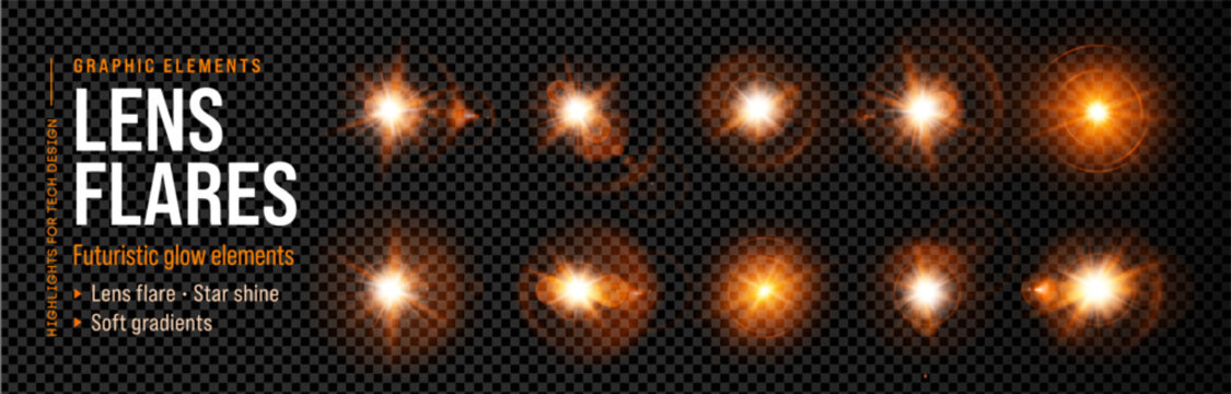 Lens flare light orange with sparkle effect ray and background glow flash burst. Camera shine star with sun glare spark explosion and spotlight bright radiance.