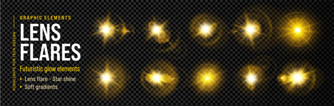 Lens flare light yellow with sparkle effect ray and background glow flash burst. Camera shine star with sun glare spark explosion and spotlight bright radiance.