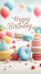 Fun candy shop&ndash;style background for a boy&rsquo;s birthday with colorful sweets like cupcakes, macarons, donuts, and candies, plus balloons, confetti, ribbons, and soft glowing lights