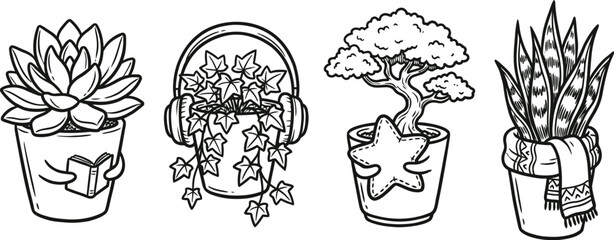  Hand-drawn emotional support plant characters vector 