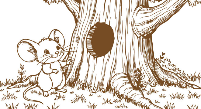 Vintage storybook illustration depicts a small cartoon mouse peeking curiously from beside the base of a large, dark, textured tree trunk in a simple natural setting.