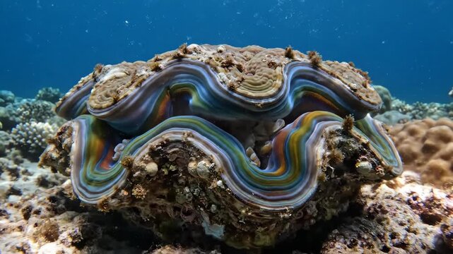 Giant Clam on Coral Reef Underwater.