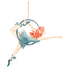 Watercolor illustration of an aerial hoop gymnast. Female acrobat performing circus act. Isolated drawing for cards, posters, or festival designs. Drawing for circus or banners. © Elena