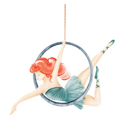 Watercolor illustration of an aerial hoop gymnast. Female acrobat performing circus act. Isolated drawing for cards, posters, or festival designs. Drawing for circus or banners. © Elena