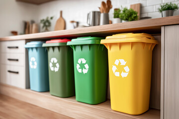 Home waste sorting system with colorful recycling bins under kitchen counter. Concept of sustainability, recycling and eco-friendly lifestyle.