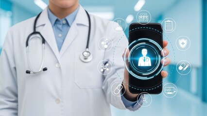 Doctor in a white coat holds a smartphone displaying a healthcare app with various medical and wellness icons floating around it.