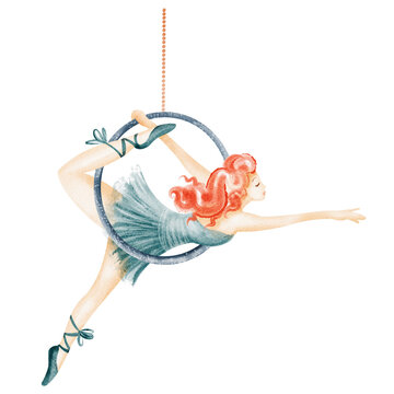 Watercolor illustration of an aerial hoop gymnast. Female acrobat performing circus act. Isolated drawing for cards, posters, or festival designs. Drawing for circus or banners.