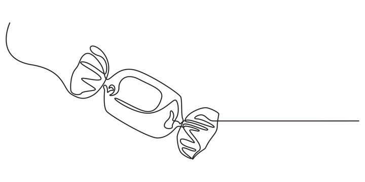 Candy in one continuous line drawing, Caramel and chocolate sweet in wrapper paper symbol for candy shop concept or web banner in simple linear style. Contour icon. Doodle vector illustration