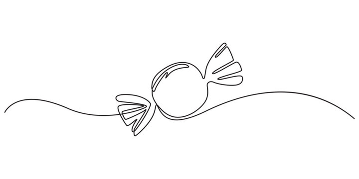 Candy in one continuous line drawing, Caramel and chocolate sweet in wrapper paper symbol for candy shop concept or web banner in simple linear style. Contour icon. Doodle vector illustration