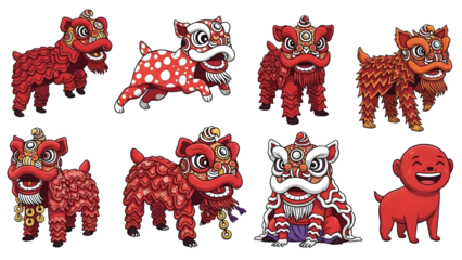 Collection of chinese lion dance costumes isolated on transparent background