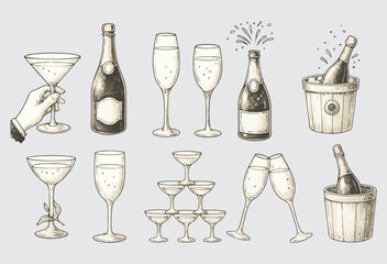 Vintage Champagne Celebration Clipart &ndash; Hand-Drawn Elegant Drink Illustrations.