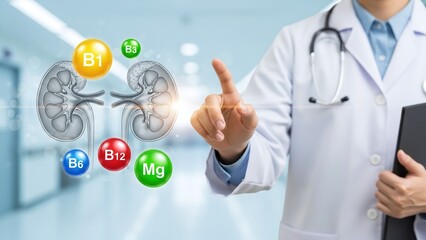 Doctor in a white coat points towards a holographic projection of human kidneys surrounded by various vitamin and mineral icons.