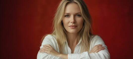 confident blonde woman with crossed arms posing against a vibrant red background for business or lifestyle concepts.