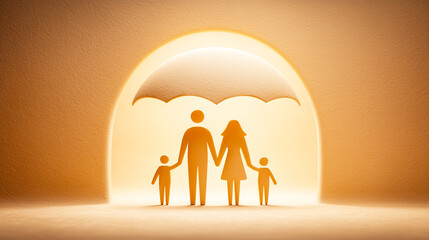 Family insurance banner featuring paper-cut silhouettes of family members standing under a protective dome, symbolizing care, safety, unity, and long-term protection.