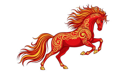 Majestic Rearing Red Horse With Golden Folk Art Patterns
