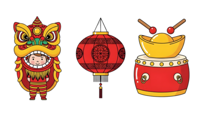 Chinese new year decorations including lion dance, lantern, and drum with sticks on isolated transparent background