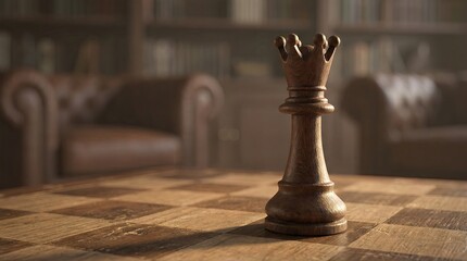 Closeup of a Wooden Queen on a Board in a Library Setting