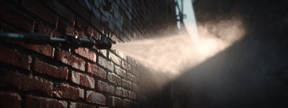 Urban Pressure Washer Effectively Cleaning Graffiti from Brick Wall in Alleyway under Soft Lighting Conditions