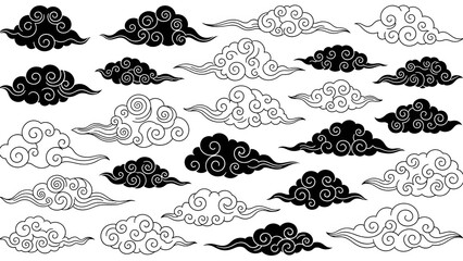 Stylized Asian Clouds Pattern With Glitch Art Effect On Black