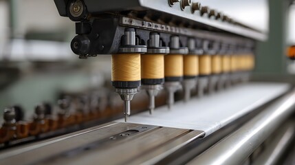 Close up of multi needle industrial sewing hine stitching white fabric with yellow thread spools