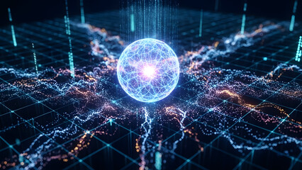 Futuristic AI Data Waves Over Digital Grid with Glowing Blue Particles, Cinematic Lighting, Abstract Technology Background Loop