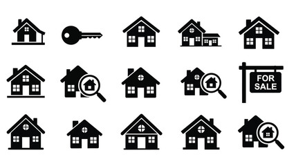 Fototapeta premium Real estate icons including houses key and for sale sign silhouette on transparent background