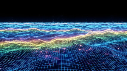 Futuristic AI Data Waves Over Digital Grid with Glowing Blue Particles, Cinematic Lighting, Abstract Technology Background Loop